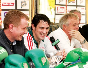Ready to rumble: Henry Coyle (centre) cracks a smile at the press conference for his professional home debut at the Breaffy House Resort tomorrow night. Photo: Sportsfile