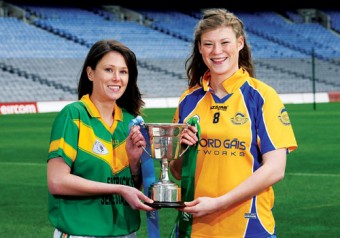 Captains’ call: Fiona O'Neill, left, captain Kilmihil, Co. Clare, and Aine Clarke, captain Knockmore, Co. Mayo, ahead of the 2008 VHI Healthcare All-Ireland Club Finals. Knockmore will be looking to bring the trophy home tomorrow. Photo: Sportsfile.
