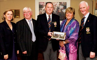 Westport Golf Club Centenary Dinner Dance held at the Wyatt Hotel. Westport Golf Club Captain Sean Walsh makes a presentation to Tommy and Marian O’Malley, (Tommy and Marian are parents of Cathal O’Malley, who won his first senior cap for Ireland), also in the photograph is Lady Captain Nuala Hopkins and President Pat Bree. Photo: Michael Mc Laughlin.