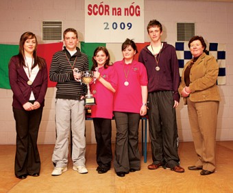 Louisburgh were the winners of the Ceol Uirlise/ Instrumental Music competition at the Mayo Scór na nÓg County final in Breaffy. Included in photo are Jillian O'Malley, Paul McDonnell, Nicole O'Malley, Christine McDonnell, John McDonnell, and Mary Fergus. Photo: Michael Donnelly.