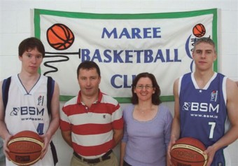 Ready for a new beginning:  Maree Basketball Club player Liam Conroy,  Maurice Hannon (BSM), Úna Finn (club chairperson), and Darren Callanan (captain) at the launch of the Maree men’s National League strip.