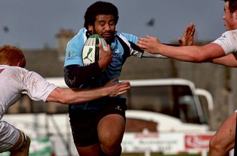 Galwegians’ Samoan centre Aifai Esera goes on the attack against Trinity  in the second round of the AIB Cup at Crowley Park on Saturday. 		Photo:-Mike Shaughnessy