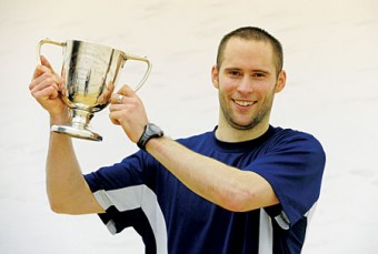John Rooney celebrates with the trophy after victory against Arthur Gaskin during the Irish Squash National Championships Finals. Fitzwilliam Lawn Tennis Club, Dublin.