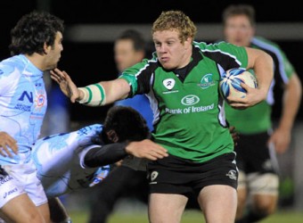 Ireland Six-Nations squad member and Connacht hooker Sean Cronin fends off Montpellier’s Adrien Tomas in the crucial Amlin Cup round five fixture at the Galway Sportsground on Friday. Connacht  unbeaten and already qualified for the quarter-finals now head to Madrid to complete their pool campaign. 					Picture: Ray Ryan / SPORTSFILE