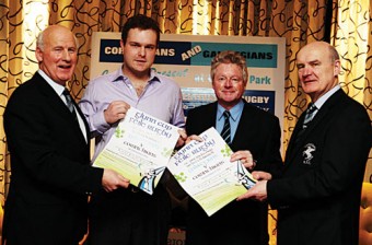 Caption: Paddy Flynn, Corinthians RFC, Rory Langan (representing the Langan family), Adrian Glynn (representing the Glynn family), and John Colleran, vice-president of Corinthians RFC at the launch of the Glynn Cup Festival of Rugby, incorporating the Langan Cup, which will take place at Crowley Park on St Patrick's Day.