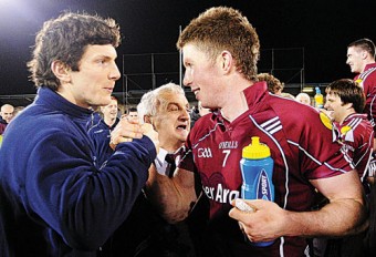 The eyes have it: Injured Galway player Michael Meehan, left, celebrates with teammate Garreth Bradshaw after Galway beat Dublin in the Allianz Football National League clash. 