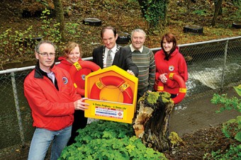 Michael Gavin, Mayo water safety officer; Fiona Freyne, lifeguard; Councillor John Cribben, Cathaoirleach Mayo County Council; Michael Sweeney, area engineer; and Lisa Jordan, lifeguard, in Ballyhaunis at the launch of ringbuoys.ie website. Photo © KWP Studio 094.