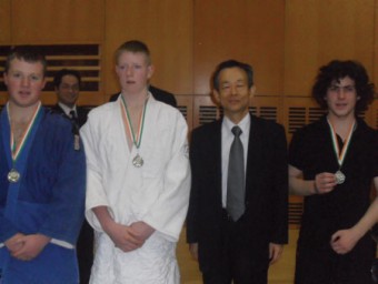 Gold and silver for Athenry at the Judo All-Ireland: (from left) Niall Moores (gold medallist), Damien Holland (silver medallist), his excellency, Chihiro Atsumi, the Japanese Ambassador to Ireland, and Sean Maher (silver medallist).