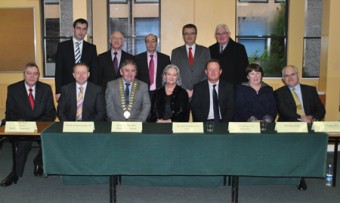 Pictured at the announcement were back row (L to R) - Cathal Moore deputy principal, Luke Glynn deputy principal, Gerry Doherty principal, Michael Dolan board of management, Noel Treacy former TD and minister.
Front (L to R) Paddy Boyle chairperson of the board of management, Minister Ciarán Cannon, Michael Maher, Mayor of County Galway, Anne Kelleher CEO of CEIST, Liam Bergin CEO of EDUCENA, Mary Forde former principal, and Peter Feeney MCC.