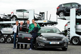 Pictured (L to R) at the departure of a transporter of Kia Sportages bound for the Team Ireland training camp  in Teddington  in Middlesex are James O'Callaghan,  high performance director of the Irish Sailing Association , Pat Hickey, president, Olympic Council of Ireland, James Brooks, managing director, Kia Motors  Ireland,
Olympic marathon runner Mark Kenneally, and  Olympic badminton player Chloe Magee. Kia Motors Ireland is official vehicle supplier to the Olympic Council of Ireland.