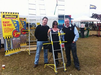 JP Prendergast CEO WeSolve Ltd,  Breda Fox CEO, Galway City & County Enterprise Board, Mike Gallagher CFO WeSolve Ltd, pictured with the SureStep ladder stabiliser, one of the company's products.
