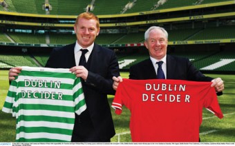 Celtic manager Neil Lennon and Minister of State with responsibility for Tourism and Sport Michael Ring during a press conference to announce the Liverpool v Celtic, Dublin, decider match.