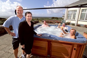 George Bisser, The Coast Club leisure centre manager, and Ann Downey, general manager of the Connemara Coast Hotel, with longstanding members of The Coast Club, pictured enjoying the new outdoor hot tub. The long anticipated wait for the instillation of the new outdoor hot tub was welcomed with a rousing round of applause, bubbles, and a splash. This is a great addition to the club which already has a pool, gym, sauna, steamroom, and Jacuzzi. See www.connemaracoast.ie   Photo: Mike Shaughnessy.