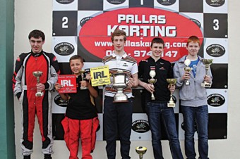 Conor Keane from Ballinasloe, Patrick Dempsey from Ballyglunin, Danny Hyland from Ballinasloe (champion), Cathal Mullins from Kilcolgan (champion), Shane Mullins from Kilcolgan at the All Ireland Karting finals in Tynagh.