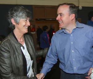 Cllr Catherine Connolly and Cllr Michael Crowe at the count in the Westside Community Centre on Saturday. Photo:- Mike Shaughnessy