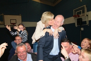 A happy moment in an uncertain election for FG. John Walsh being congratulated by his wife Natalie after being elected at the counting of votes for the Galway City Local election in Westside Community Centre on Saturday. Photo:- Mike Shaughnessy