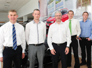 Pictured outside the new showrooms are Leo Monaghan, dealer principle (centre), with from left, Tony Loftus, Kevin Monaghan and Adrian Quinn from the sales team, and Dave Mullane, service manager.