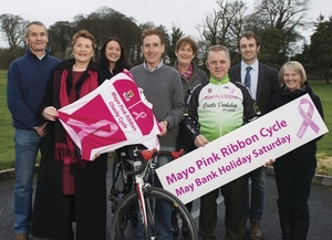 PINK RIBBON LAUNCH: Champion cyclist Se&aacute;n Kelly performed the offficial launch of the Mayo Pink Ribbon Cycle 2015, in aid of cancer research. Also in photo, from left, was: John Brennan, Castlebar Cycling Club, Lourda McHugh, Marita Staunton and Yvonne Horkan, from Mayo Pink Ribbon, Vincent Jordan, Castlebar Cycling Club,&nbsp; Robert Coyne, Mayo County Council&nbsp;and Mary Loftus, Mayo Pink Ribbon.
