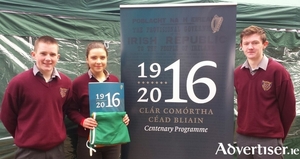 Three students from Col&aacute;iste Muire, Tuar Mhic &Eacute;adaigh Cian Mac Giob&uacute;in, Emma N&iacute; Bhears&uacute;la and Paraic &Oacute; Luide&aacute;in attended Croke Park to receive The Irish Flag and a copy of the 1916 Proclamation for their school.