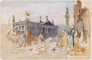 Edmond Delrenne, Sackville Street in Ruins with the Irish Republic Flag over the GPO, 1916