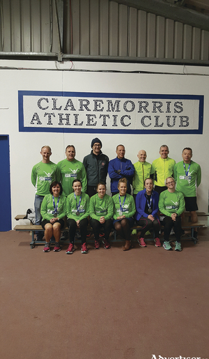 Mayo AC members from Claremorris who completed the Dublin City Marathon this year. Back Row: Timmy Ganley, Paul McLaughlin, Matt Bidwell (coach), Shane Timothy, Sean Murphy, Matthew Gill, Ger Fahy. Front Row: Geraldine Murphy, Caroline Allworthy, Erika Ryan, Mags Connell, Maria Kneasfy, Kelly Coyle. Missing from photo Tricia Carty and Helen Trench. 