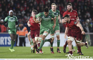 Jarrad Butler of Connacht in action against Conor Oliver of Munster during the Guinness PRO14 Round 13 match between Munster and Connacht at Thomand Park in Limerick. Photo: Matt Browne