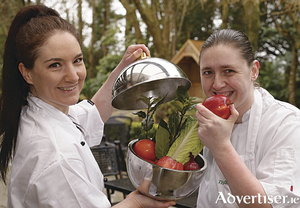 Ciara Ryan, pastry chef, McCambridge&#039;s of Galway, and Steffi Cooke, chef de partie, The Ardilaun hotel, ahead of the launch of the Galway Food Festival at The Ardilaun Kitchen Garden this week. Photo: Andrew Downes, XPOSURE.