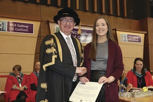 Knock medical student Rachel Lyons has been honoured with the prestigious James Massey Keegan Scholarship from NUIG. She is pictured receiving the award from the president of NUIG Ciar&aacute;n &Oacute; h&Oacute;gartaigh. 