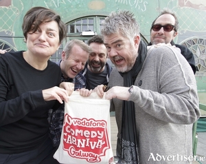It&#039;s a bag of laughs....comedians Zoe Lyons, Tom O&#039;Mahony, Phil Nichol, Phill Jupitus, and Tom Rhodes who are all appearing at the Vodafone Comedy Carnival Galway, outside the Spiegel Tent, Eyre Square on Wednesday. Photo:- Mike Shaughnessy