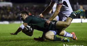 Caolin Blade gets over the line for Connacht&#039;s third try in their victory over Ulster last weekend. Photo: Sportsfile. 

 