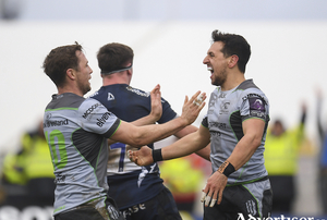 Winning ways: James Mitchell  celebrates after scoring his side&#039;s second try with teammate Jack Carty against Sale Sharks last weekend. Photo: Sportsfile 