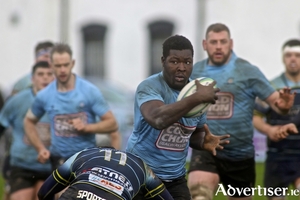 Galwegains&#039; Abdulhaq Afalobi on attack in the Ulster Bank AIL 2a League game at Crowley Park, Saturday.
						Photo:-Mike Shaughnessy