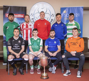Ready for the off: At the launch of the Mayo League Super League season in Solar 21 Milebush Park were back row: Alan Tuffy (Ballyheane), Ryan Connolly (Ballyglass), Gary Cunningham (Westport United), Jamie Cawley (Ballina Town) and Gerry Hunt (Castlebar Celtic). Front row: Michael Marigliano (Ballyhaunis Town), Lorcan Conroy (Claremorris), Andrew Shally (Manulla) and Max Babiarczyk (Straide and Foxford United). Photo: Ryan Gallagher