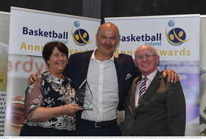 Hall of Fame Award winner Liam McHale is presented with his award by Theresa Walsh (President of Basketball Ireland) and Fran Ryan, (Chairperson of the Board of Basketball Ireland), during the Basketball Ireland 2018/19 Annual Awards and Hall of Fame at the Cusack Suite, Croke Park in Dublin. Photo: Sportsfile 