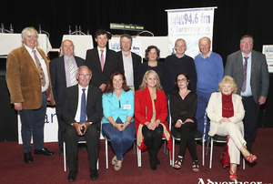 Pictured at the Claremorris Community Radio (CCR) election debate in Claremorris Town Hall, Back row (l-r): Pat Keane, (CCR); Cllr Patsy O&#039;Brien, Paul Lawless, and Cllr Damien Ryan, Dolores Keaveney, Michael Burke, and Anthony McNicholas, (CCR) and Cllr Tom Connolly. Front (l-r): Pat O&#039;Rourke (Debate chairman) Margaret Sheehan, and Natasha Warde, Sandra Donnellan and Bridie Sheeran (CCR). Missing from photo was Cllr Richard Finn.  Photo: Michael Donnelly