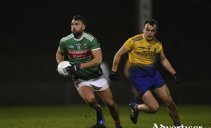  Aiden O&#039;Shea of Mayo in action against Enda Smith of Roscommon during the league meeting between the sides earlier this year. Photo: Sportsfile. 