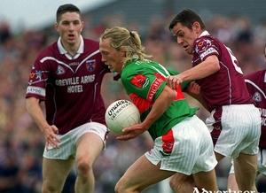 First steps in the qualifiers: Ciaran McDonald in action for Mayo in their first ever qualifier game in 2001. Photo:Sportsfile. 