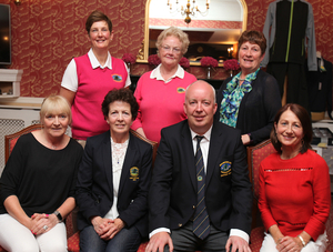 At Ballinrobe Golf Club winners of  competition sponsored by TJ Quinn of Petals and Buds, Ballinrobe were, front row: Bernie Divilly, Eileen Conlisk (Lady Captain),Tony O&#039;Toole (Club Captain) and Carmel Maloney. Back row: Anne Treacy, Angela Murphy and Phyllis Lee. Photo: Trish Forde.