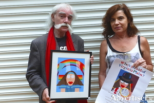 The cartoonist and artist Tom Mathews with exhibition curator Margaret Nolan. Photos by Charlie McBride