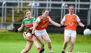Maria Reilly of Mayo scores a goal past Sarah Marley of Armagh during the TG4 All-Ireland Ladies Football Senior Championship Quarter-Final match between Mayo and Armagh at Glennon Brothers Pearse Park in Longford. Photo by Matt Browne/Sportsfile 