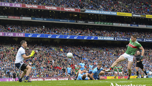Kicking Keegan: Lee Keegan scores Mayo&#039;s goal against Dublin. Photo: Sportsfile 