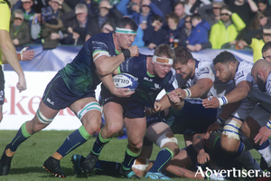 Connacht&#039;s Tom McCartney, with help from Robin Copeland, exemplify the excellence from the forwards against Montpellier, in the Heineken Champions Cup  at the Sportsground on Sunday. 
Photo:-Mike Shaughnessy