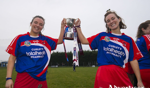 Champions: Mairead Charlton and Aine Charlton celebrate winning the All Ireland Camogie Junior B Championship last weekend. Photo: Inpho
