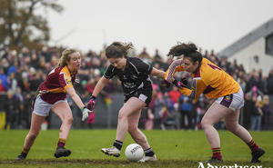 Eyes on the ball: Grace Murray and Niamh Larkin of MacHale Rovers try to stop Amy Walsh getting a shot off in last weekends All Ireland final. Photo: Sportsfile 
