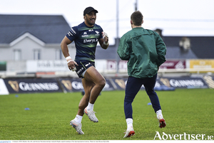 Full of bounce and energy: Bundee Aki, left, and Kieran Marmion, during Connacht Rugby squad training at the Sportsground ahead of the visit of French champions Toulouse on Saturday (3.15pm). 
Photo: Sam Barnes/Sportsfile