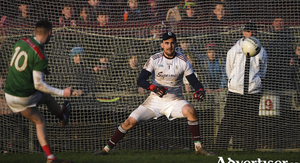 Off the upright: Brian Walsh sees his effort in the penalty shoot-out come off the upright. Photo: Sportsfile 