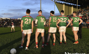 Ready to go: Mayo&#039;s five penalty takers Fergal Boland, Brian Walsh, Kevin McLoughlin, Liam Irwin and Gary Boylan line up ahead of the start of the penalty shoot-out last Sunday. Photo: Sportsfile. 