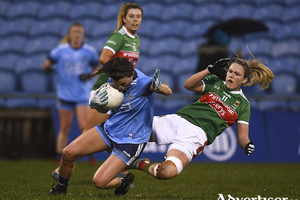 Rough and tumble: Fiona Doherty challenges Mayo&#039;s Leah Caffery in MacHale Park last Saturday night. Photo: Sportsfile. 