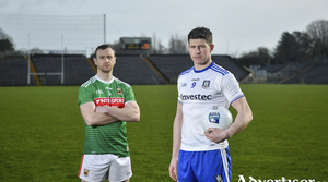 Keith Higgins and Darren Hughes at a media event prior to this weekends clash in Clones in round four of the National Football League. Photo: Sportsfile. 