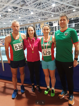 Mayo AC competitors at Connacht Indoors: l-r Tom Prendergast, Norah Newcombe Pieterse, Paula Donnellan Walsh, Tony O&#039;Malley